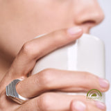 minrl random polygons rings hexagons fairmined silver worn woman