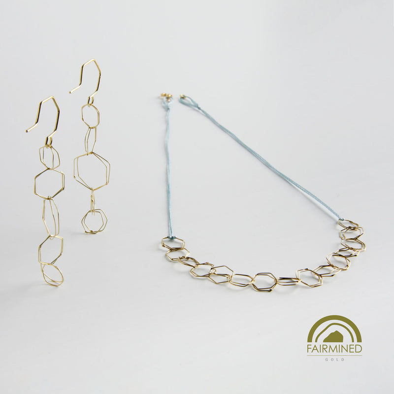 minrl hexagons air earring necklace fairmined gold silk sapphire mix
