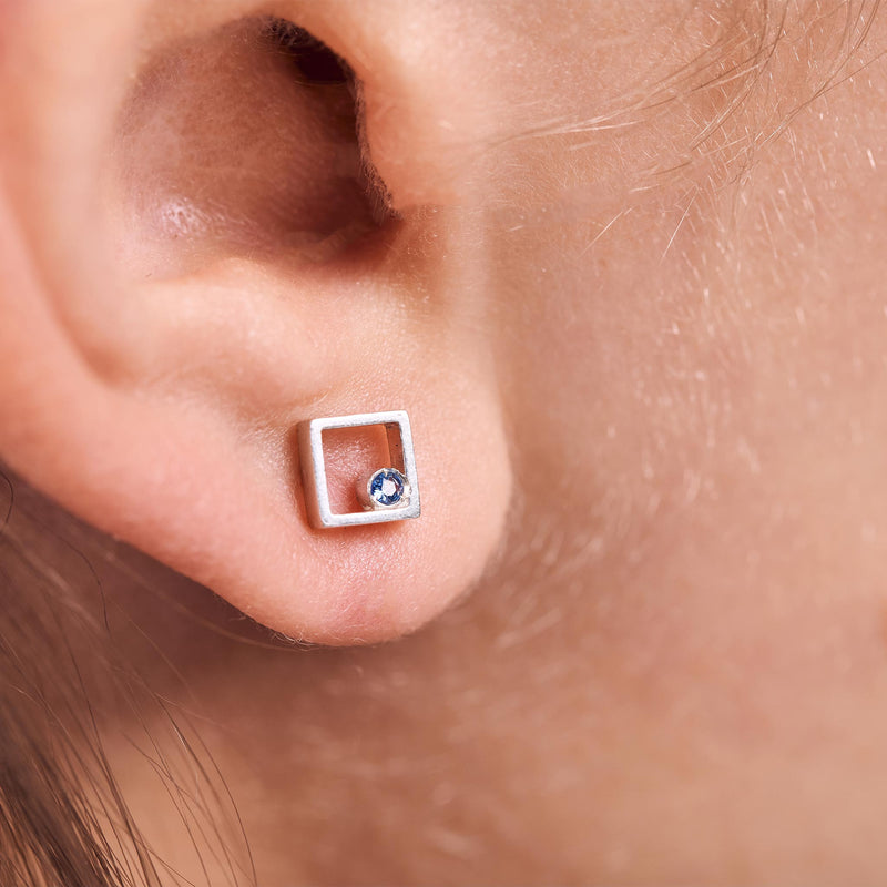 minrl geometric toys squares earrings silver sapphire worn